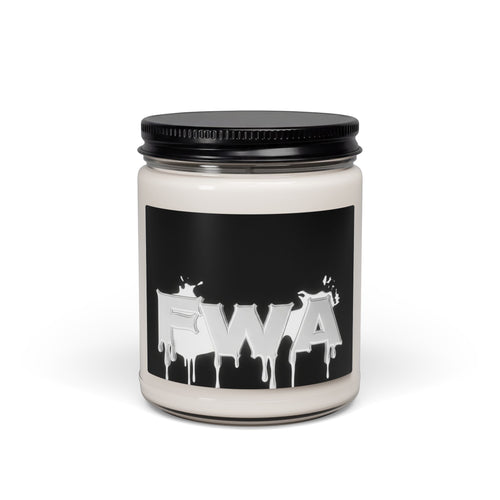 Front view of a 9oz Scented Soy Candle in a glass jar with a black screw-top lid. The label features a glossy black background with the silver, dripping 'FWA' logo.