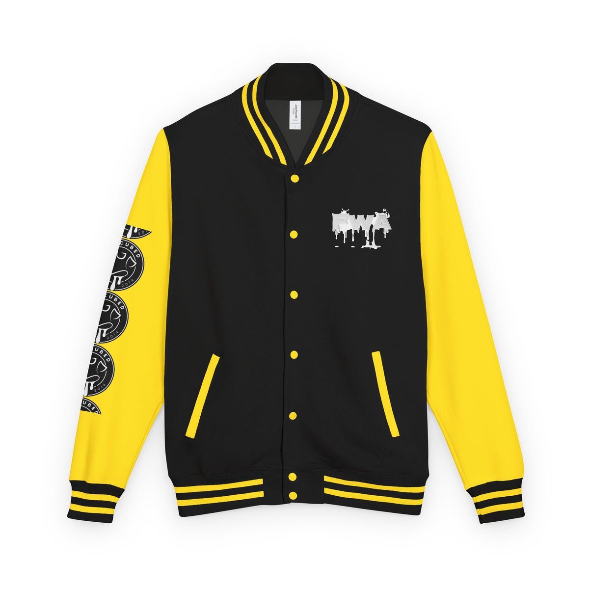 Front view of a black and yellow Faith In Motion Varsity Jacket with a white paint-drip graphic on the chest.