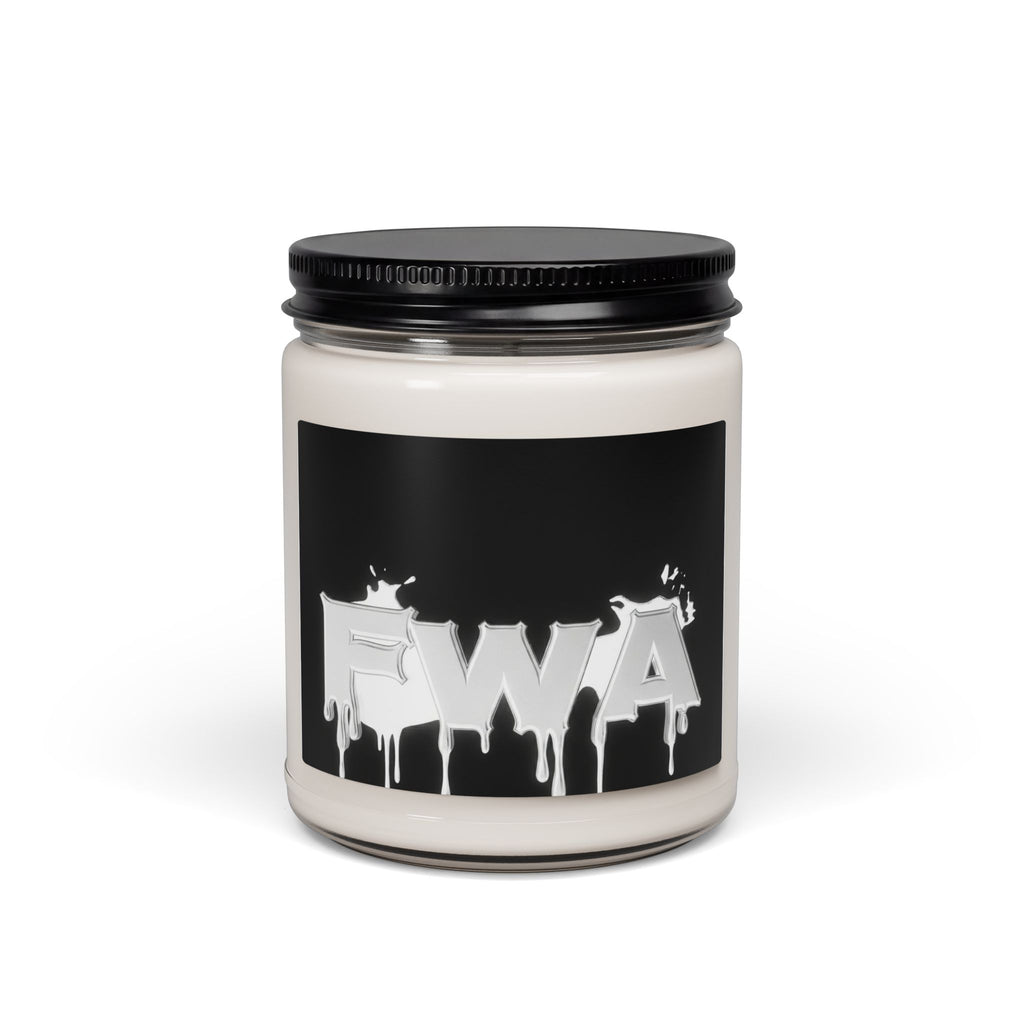 Front view of a 9oz Scented Soy Candle in a glass jar with a black screw-top lid. The label features a glossy black background with the silver, dripping "FWA" logo.
