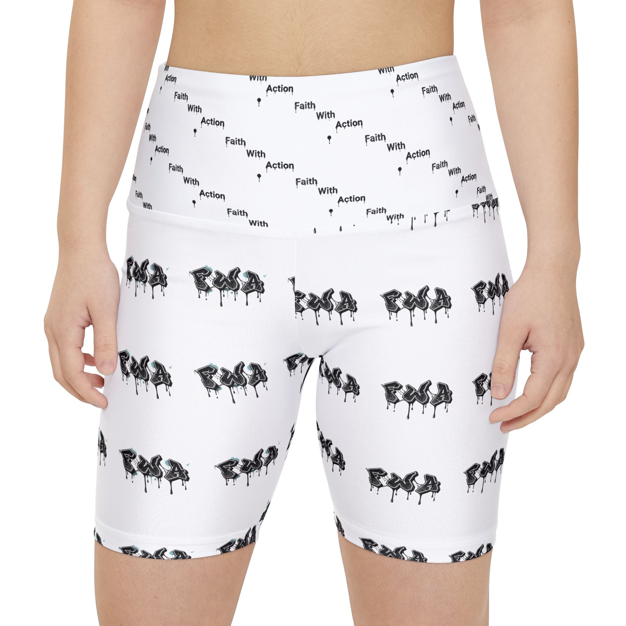 Faith With Action Bike Shorts — Women's High-Waist Workout Shorts with Repeating Script & Silhouette Print