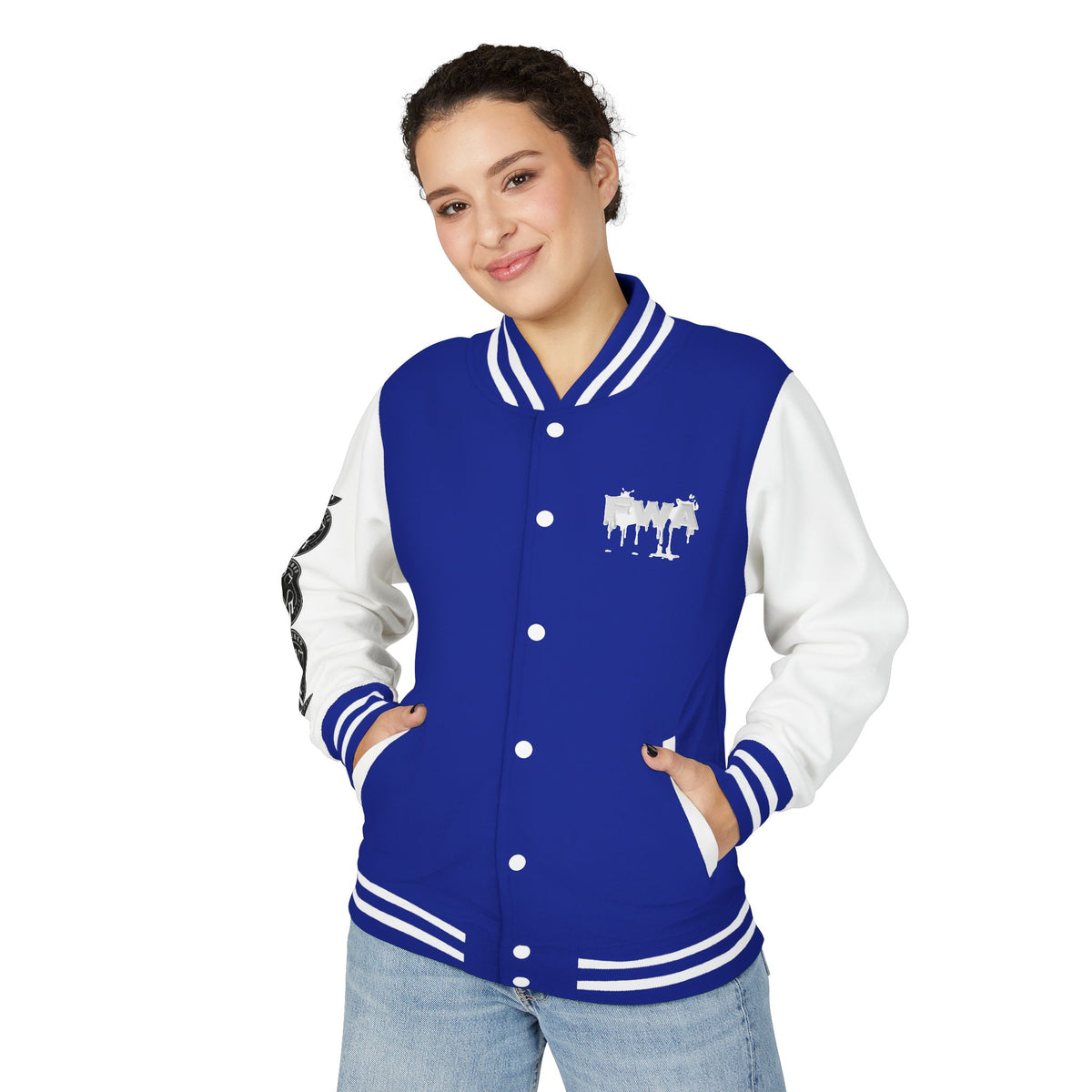 Woman wearing a blue and white Faith In Motion Varsity Jacket with "FWA" paint-drip text on the chest.