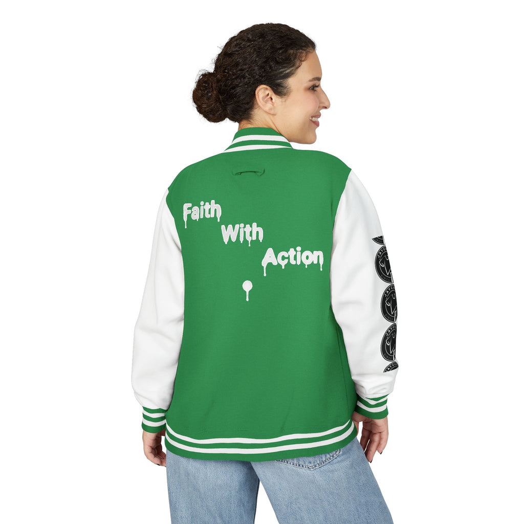 Back view of a woman wearing a green and white Faith In Motion Varsity Jacket with "Faith With Action" text.