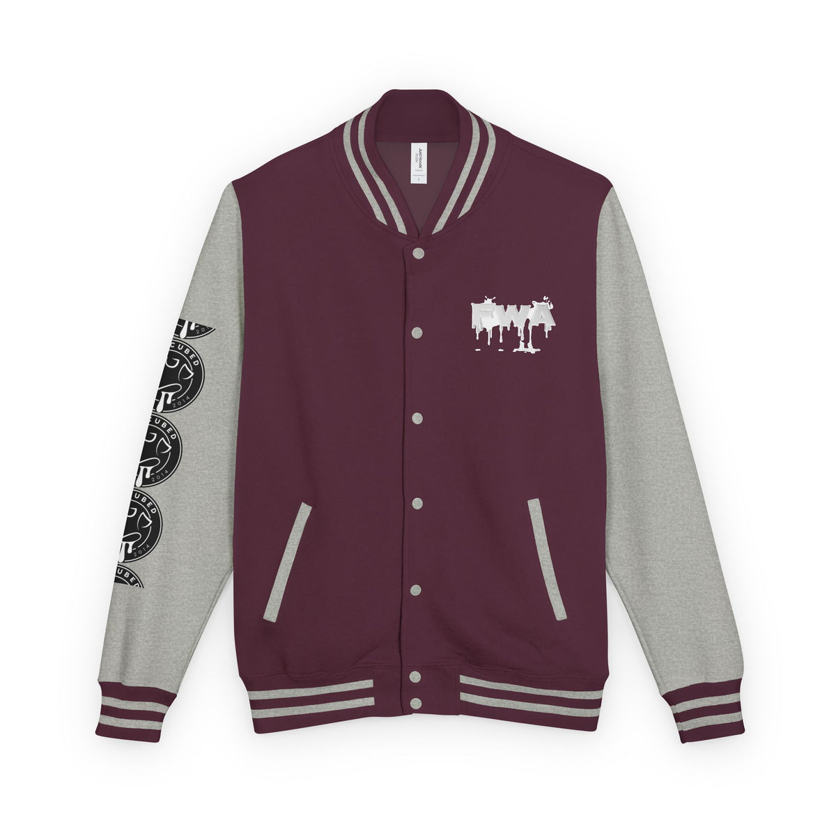Faith In Motion Varsity Jacket by Printify, front view. Maroon body, gray sleeves, white FWA graphic on chest, and black circular graphics on left sleeve.