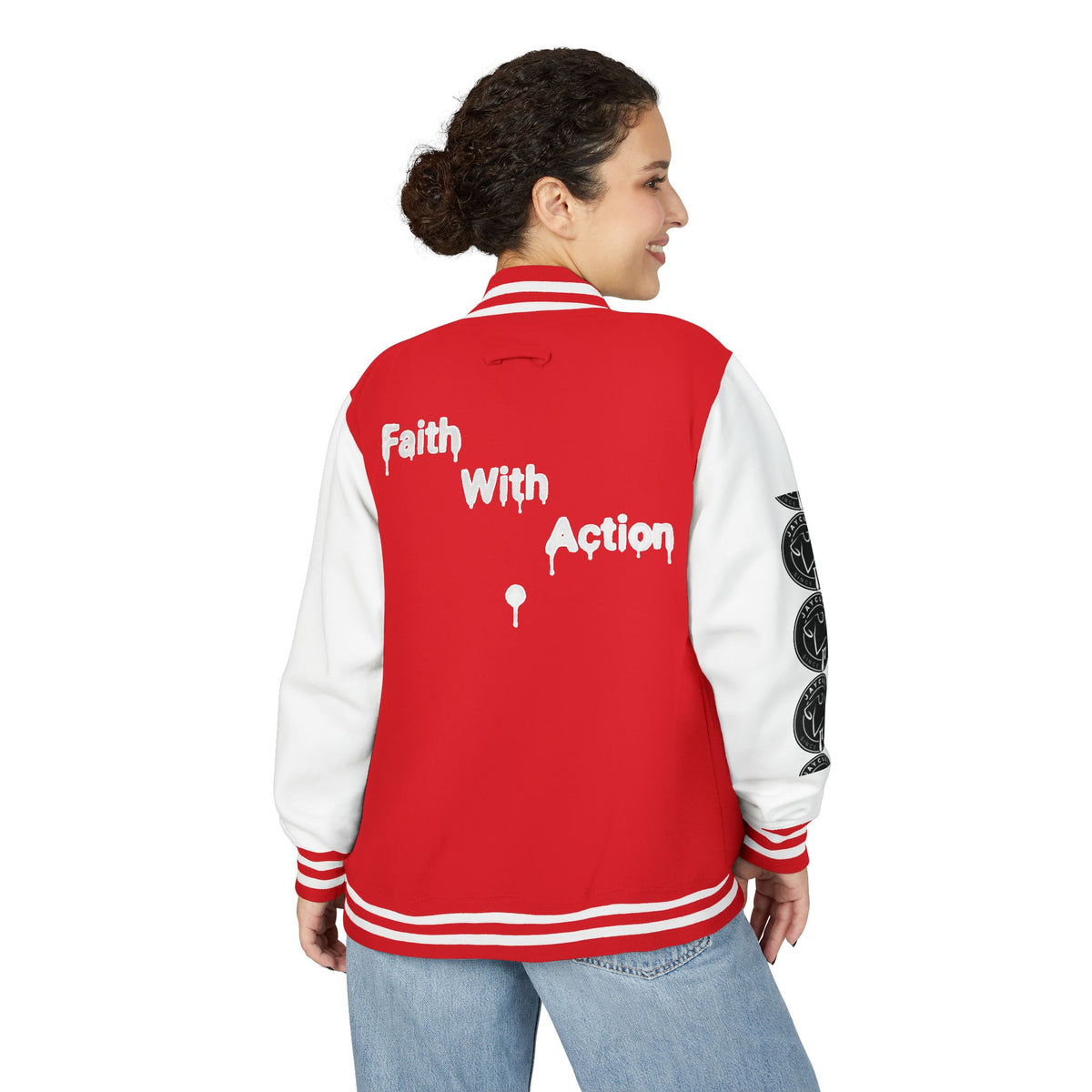 Back view of a woman wearing a red and white Faith In Motion Varsity Jacket with "Faith With Action" text.