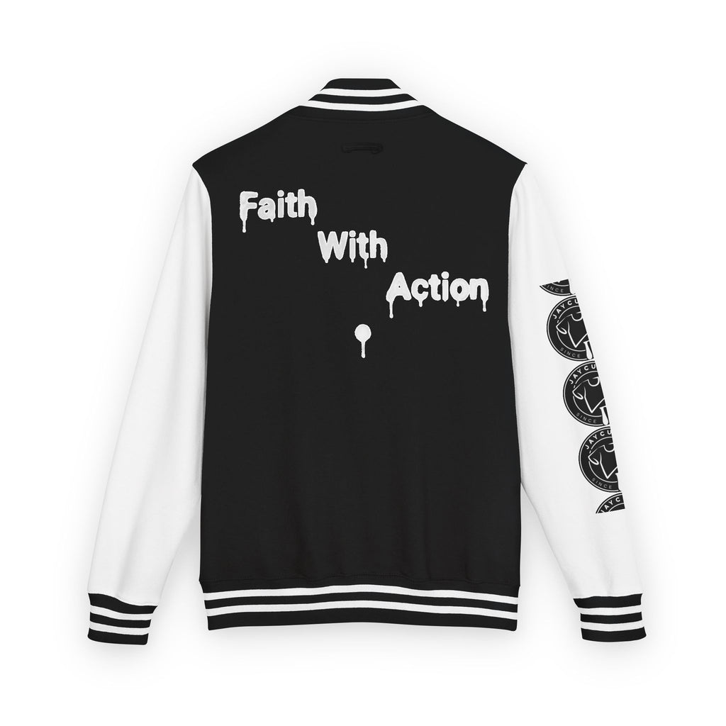 Back view of the Faith In Motion Varsity Jacket, black body with white sleeves, "Faith With Action" text.