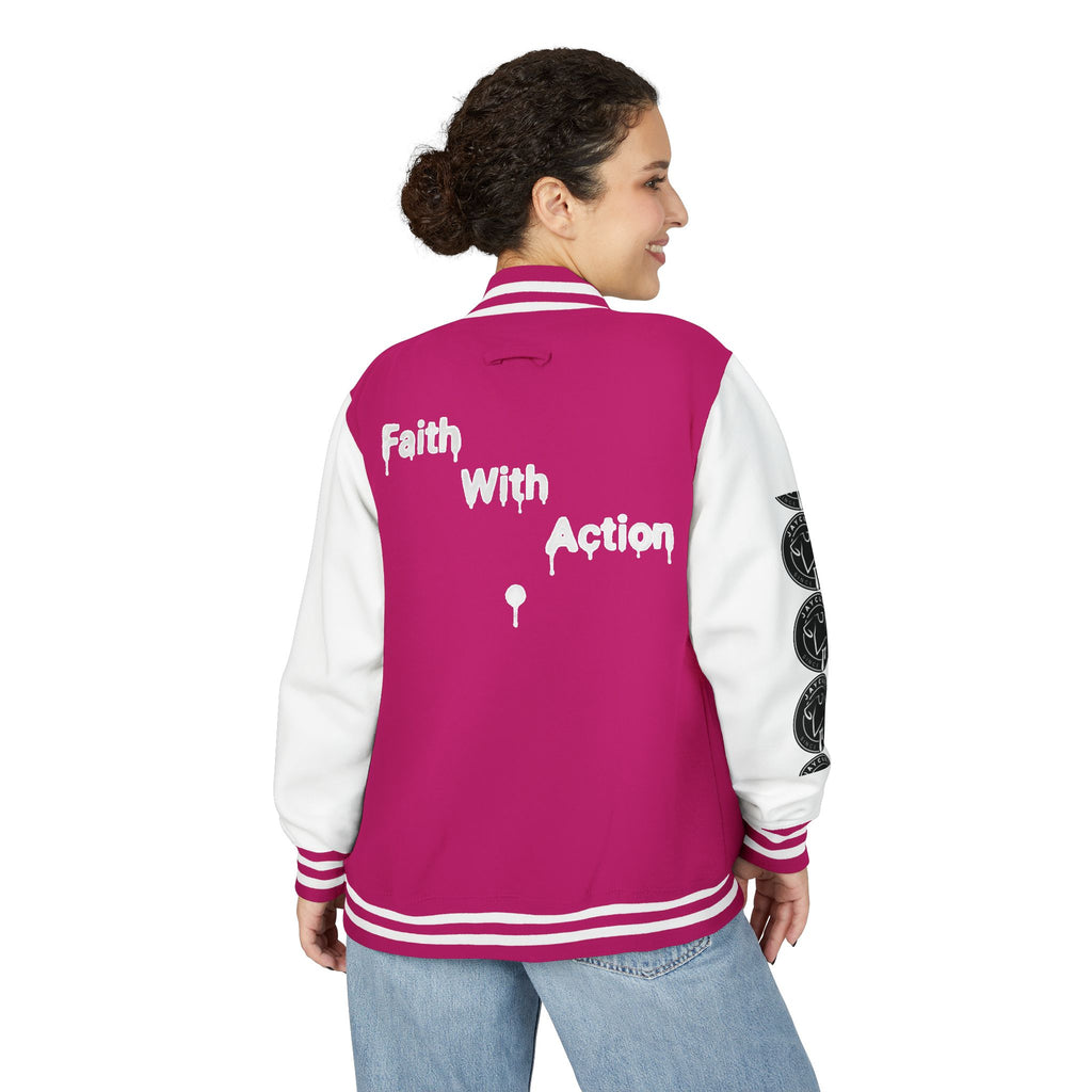 Back view of a woman wearing a magenta and white Faith In Motion Varsity Jacket with "Faith With Action" text.