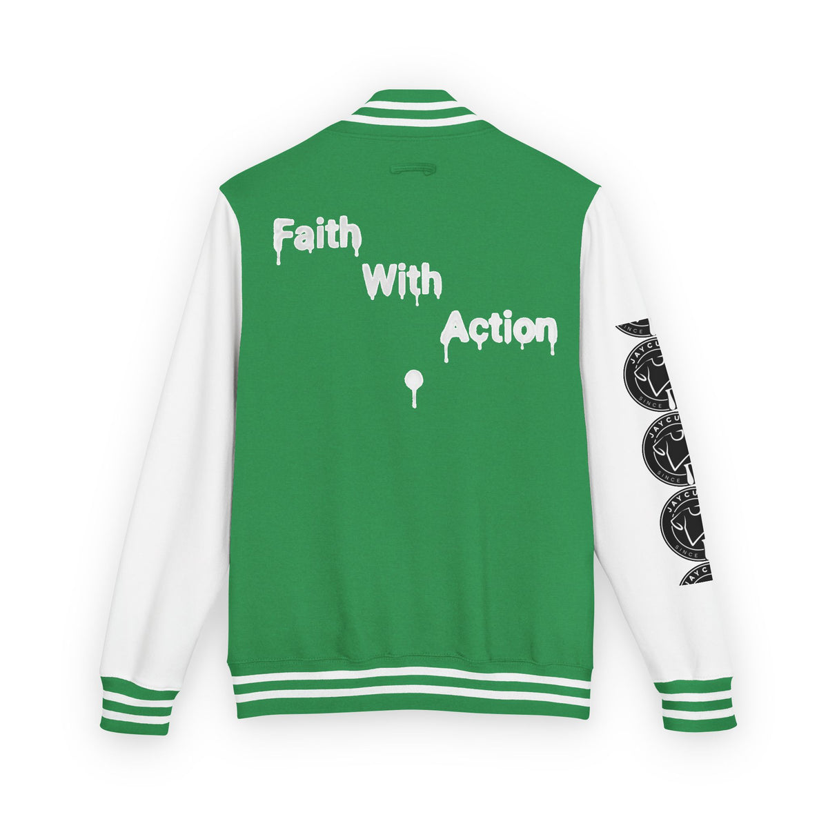 Back of a green and white Faith In Motion Varsity Jacket with "Faith With Action" in dripping white text and a golf tee graphic. The right sleeve has black circular logos.