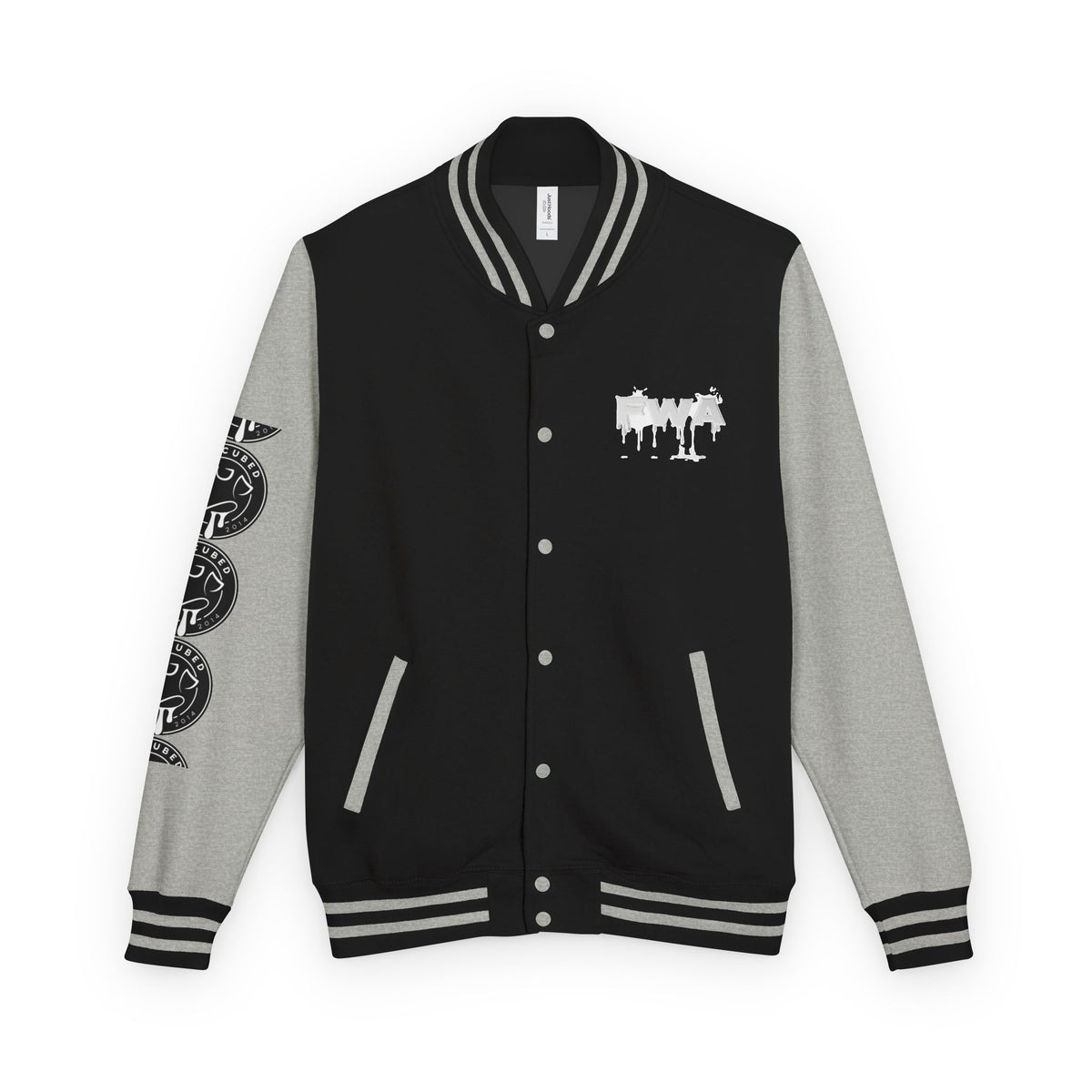 Printify Faith In Motion Varsity Jacket, front view. Black body, gray sleeves with coin motifs, white FWA graphic.