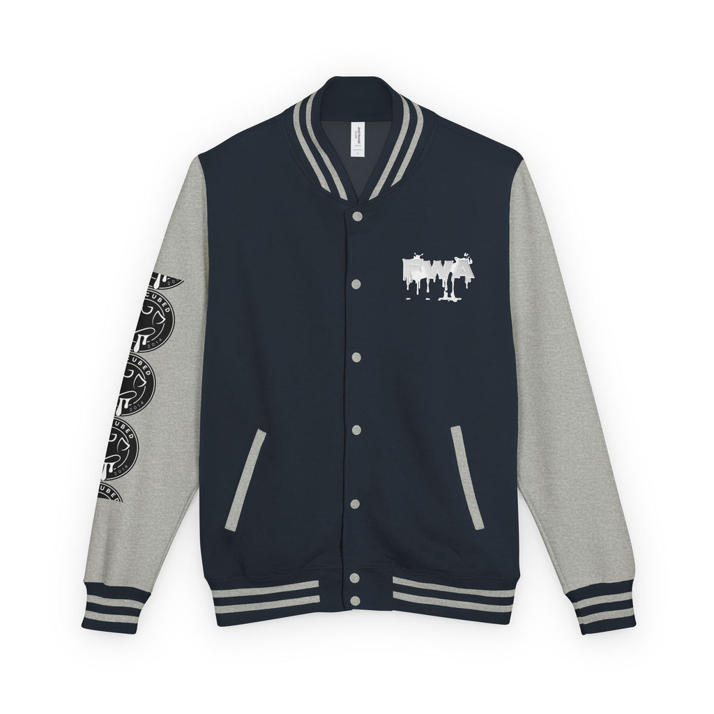 Front view of a navy blue and gray Faith In Motion Varsity Jacket with a white dripping FWA graphic.