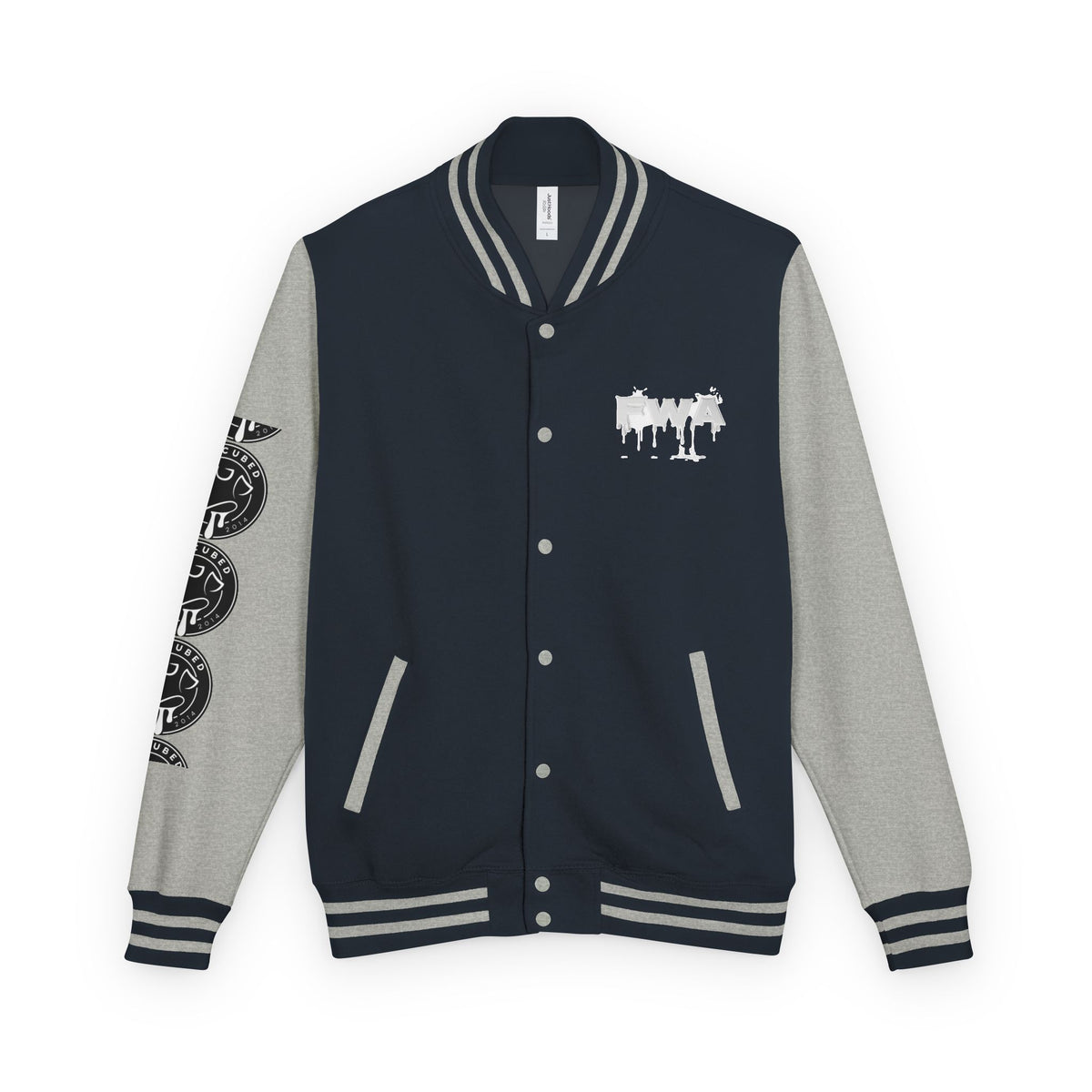 Front view of a navy blue and gray Faith In Motion Varsity Jacket with a white dripping FWA graphic.