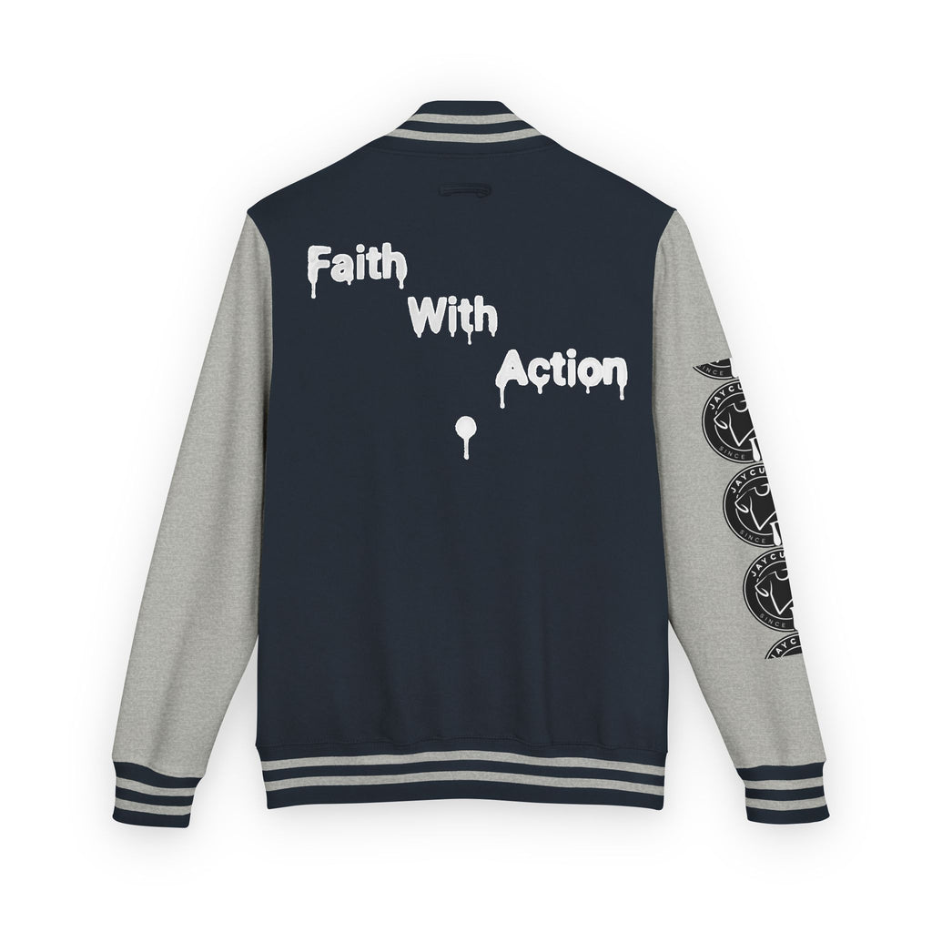 Back of a navy and gray Faith In Motion Varsity Jacket with "Faith With Action" in white paint-drip text.