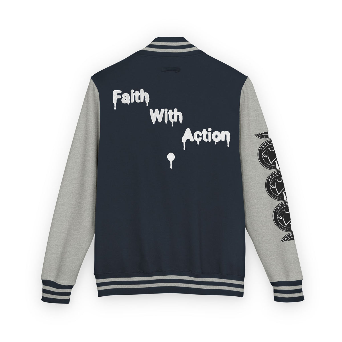 Back of a navy and gray Faith In Motion Varsity Jacket with "Faith With Action" in white paint-drip text.