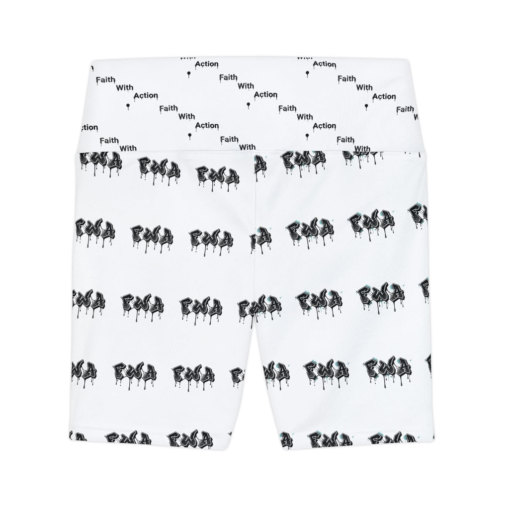 Faith With Action Bike Shorts — Women's High-Waist Workout Shorts with Repeating Script & Silhouette Print