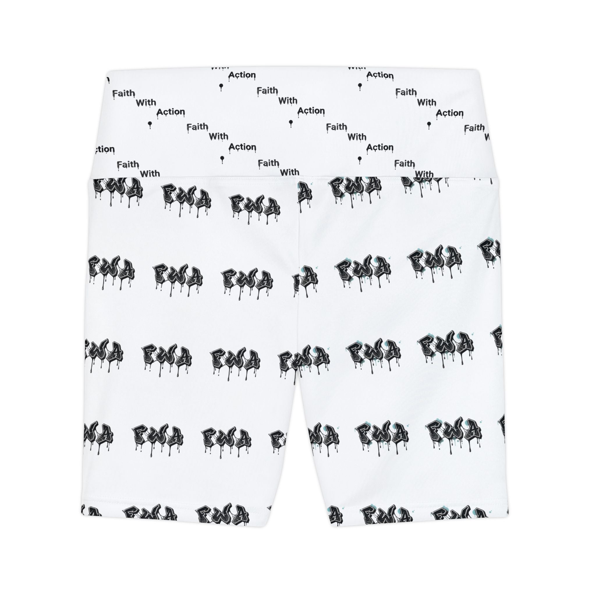 Faith With Action Bike Shorts — Women's High-Waist Workout Shorts with Repeating Script & Silhouette Print