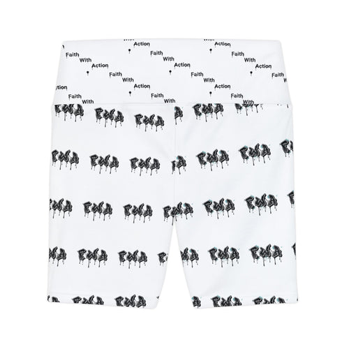 Faith With Action Bike Shorts — Women's High-Waist Workout Shorts with Repeating Script & Silhouette Print