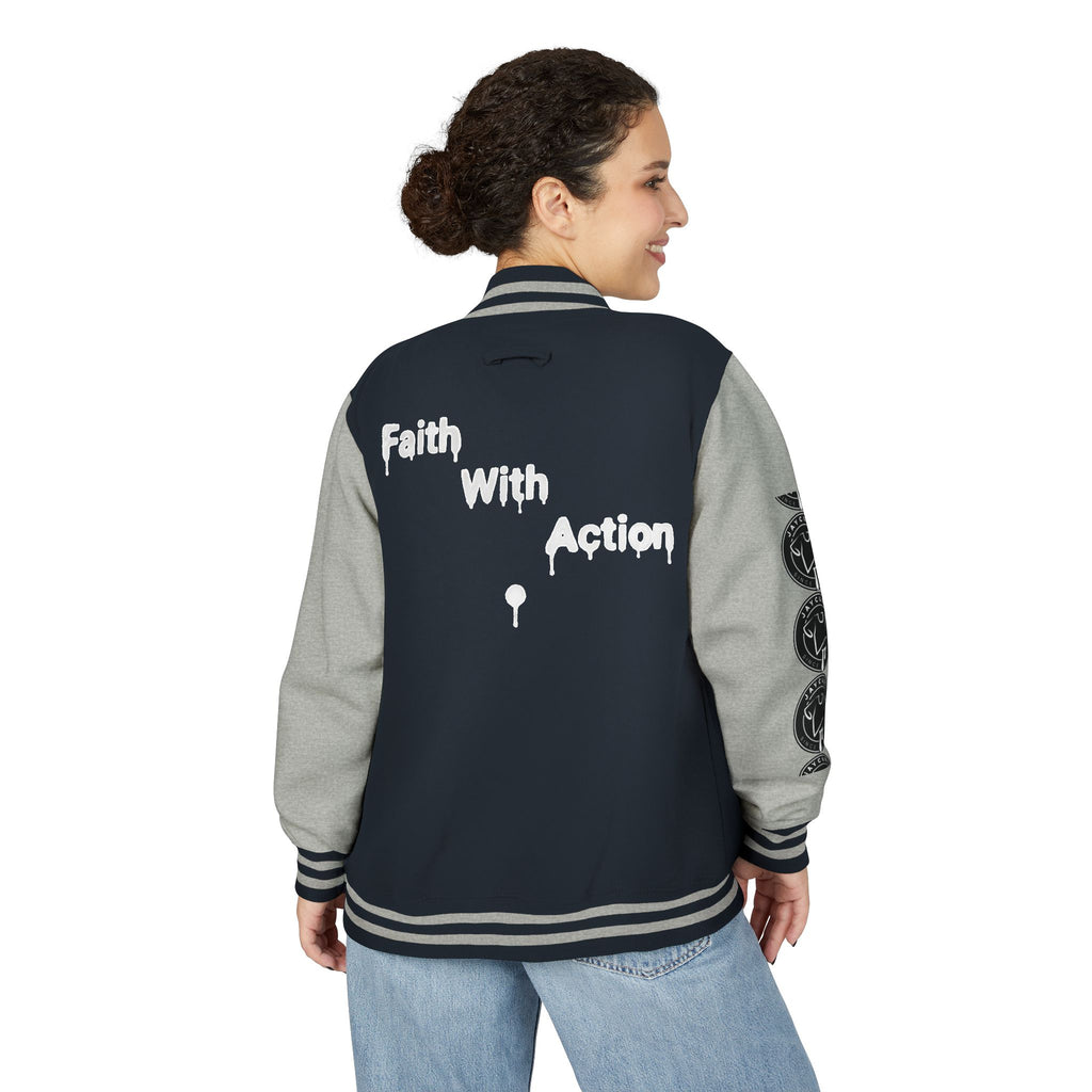 Back view of a woman wearing a navy and gray Faith In Motion Varsity Jacket with "Faith With Action" text.