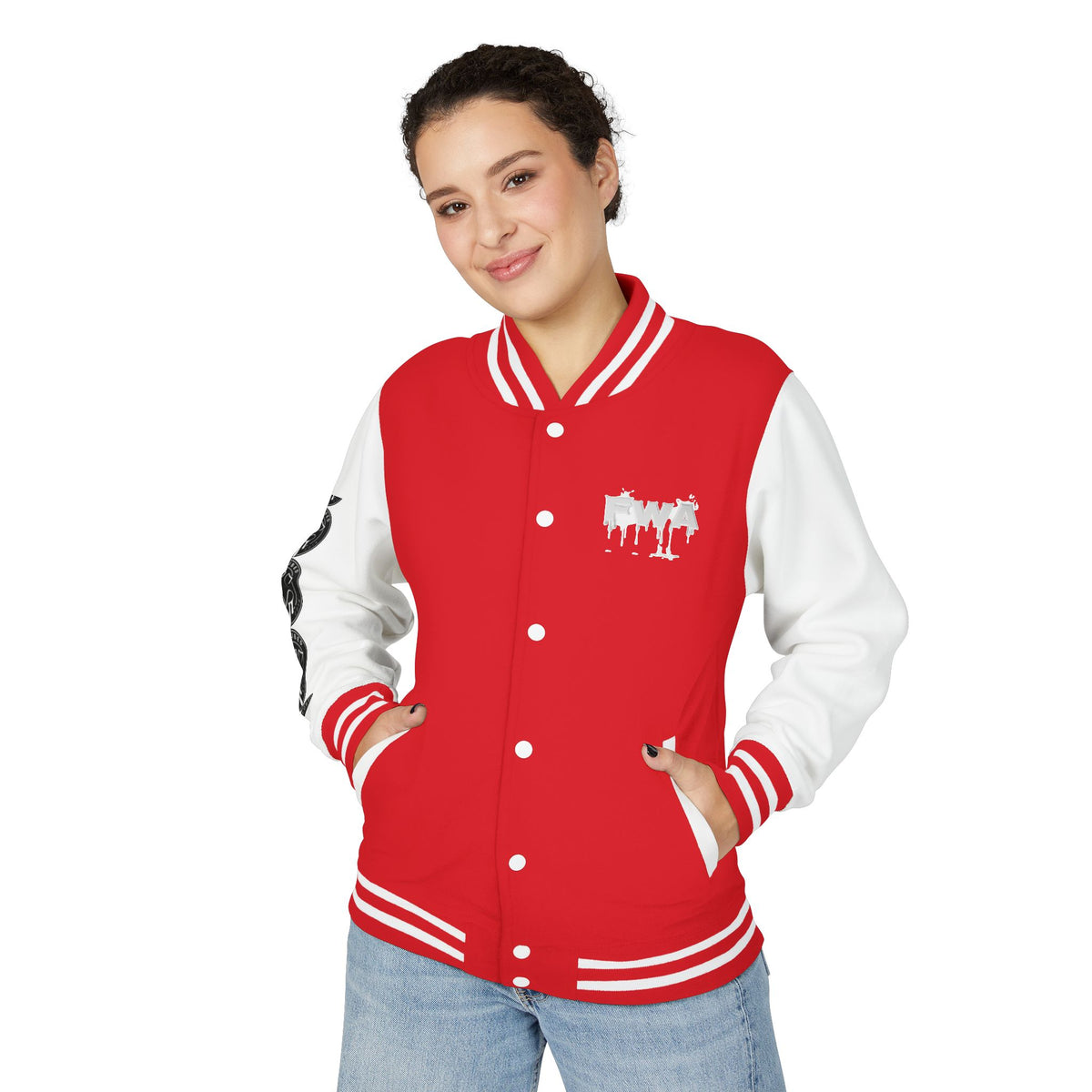 Front view of a woman wearing a red and white Faith In Motion Varsity Jacket with a paint-drip graphic.