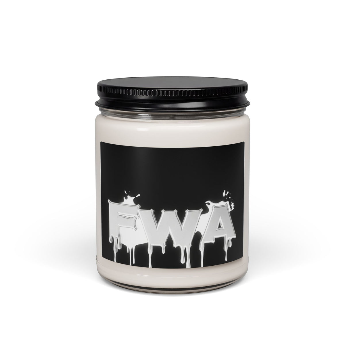 Front view of a 9oz Scented Soy Candle in a glass jar with a black screw-top lid. The label features a glossy black background with a silver 'FWA' drip logo.