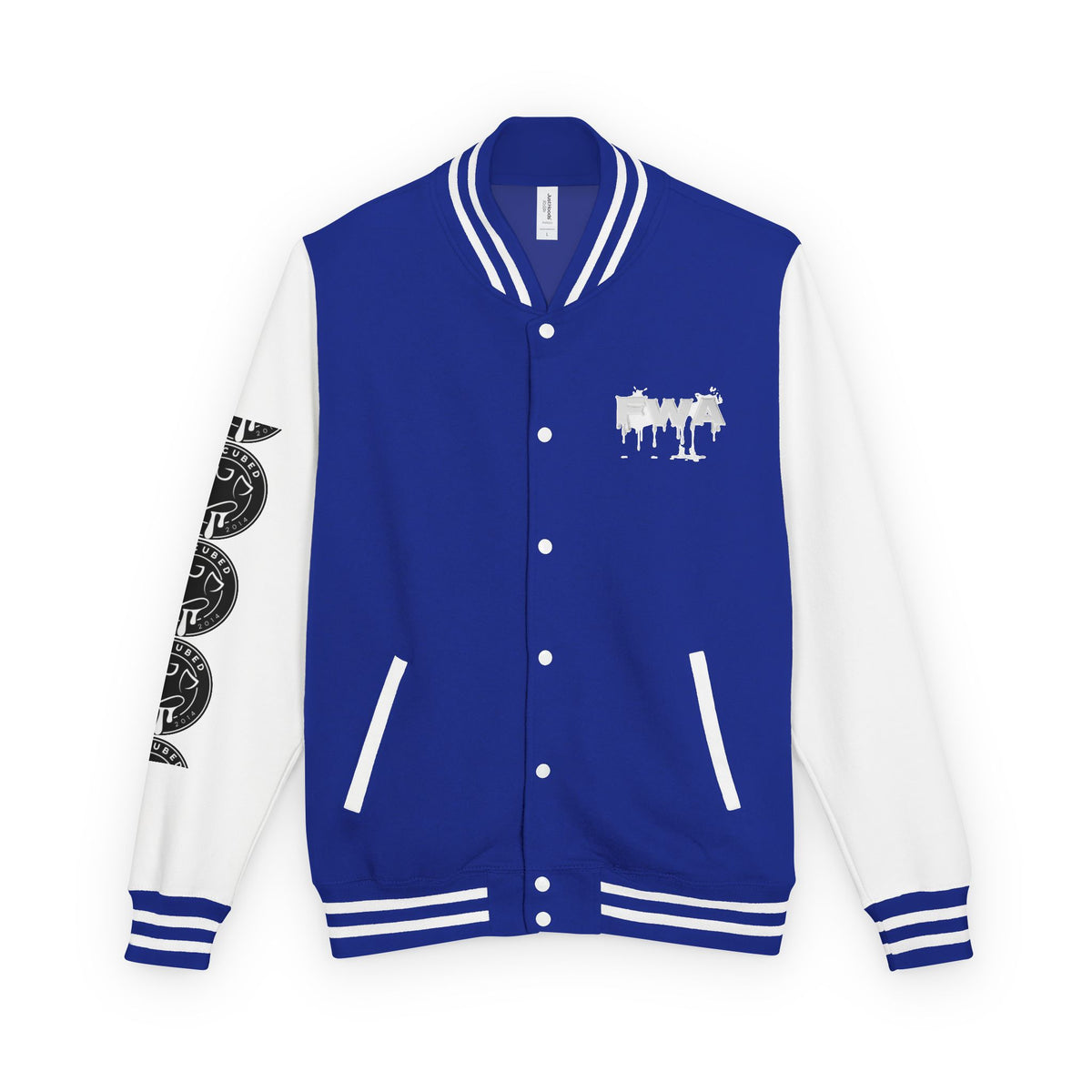 Front view of a blue and white Faith In Motion Varsity Jacket with a white paint-drip graphic on the chest.