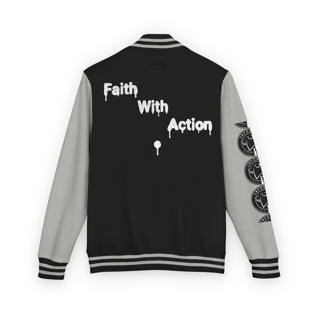 Back of a black and gray Faith In Motion Varsity Jacket with "Faith With Action" in white paint-drip text.