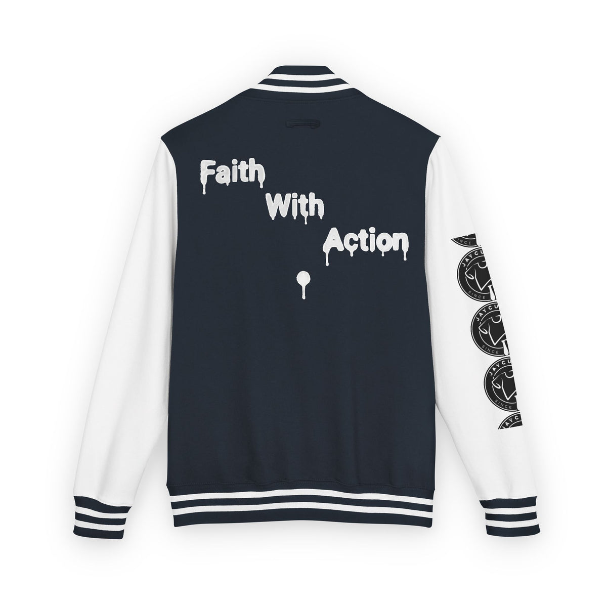 Back of a navy and white varsity jacket with "Faith With Action" in white paint-drip text and a small white golf tee graphic. The right sleeve has three circular black and white logos.