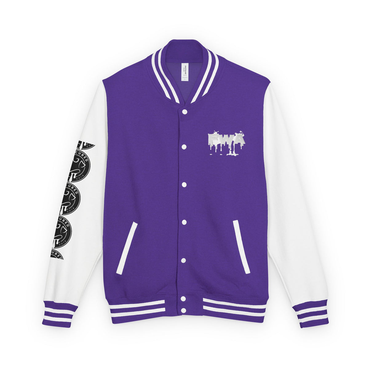 Front view of a purple and white Faith In Motion Varsity Jacket with a white dripping FWA graphic on the chest.