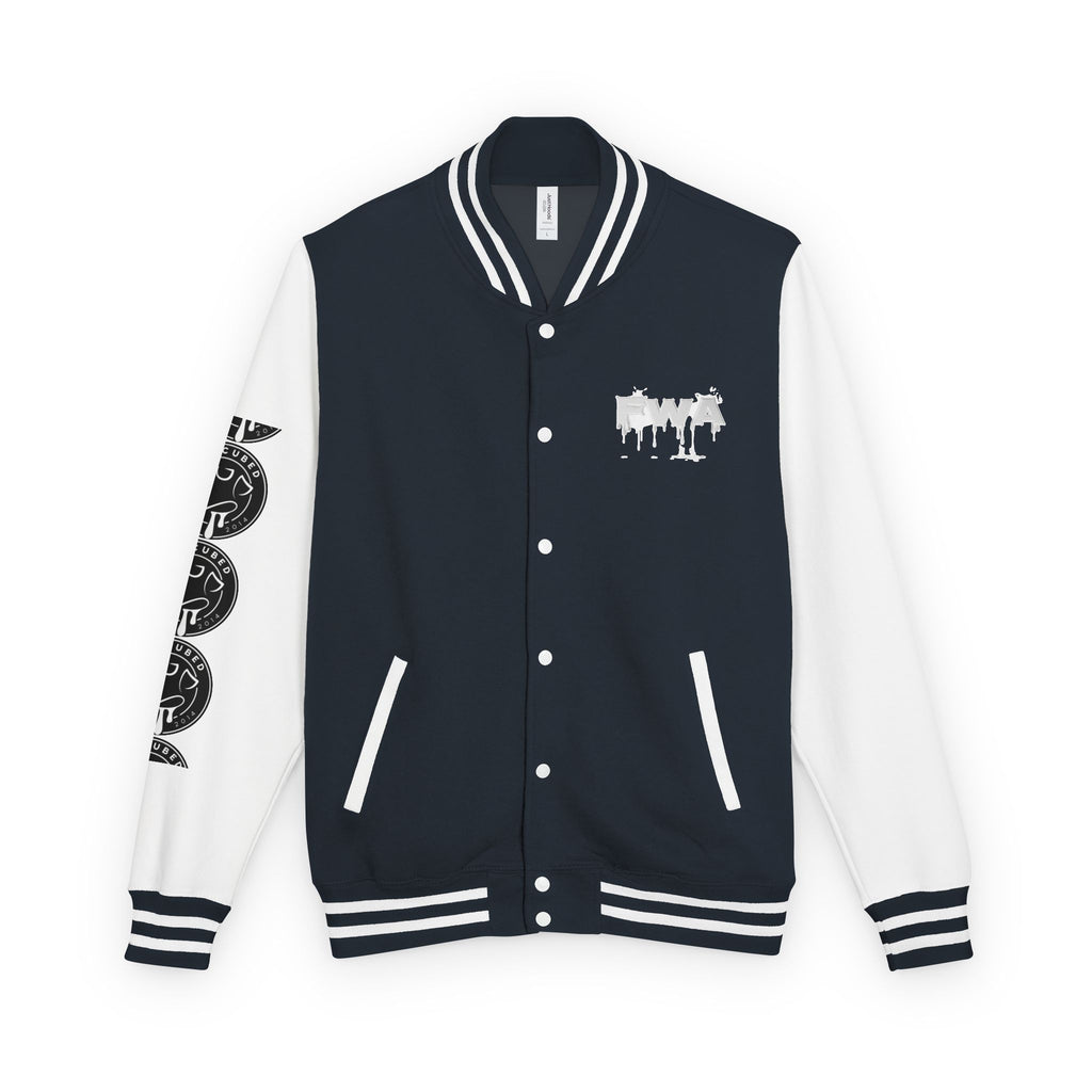 Front view of a black and white Faith In Motion Varsity Jacket with a paint-drip graphic on the chest.