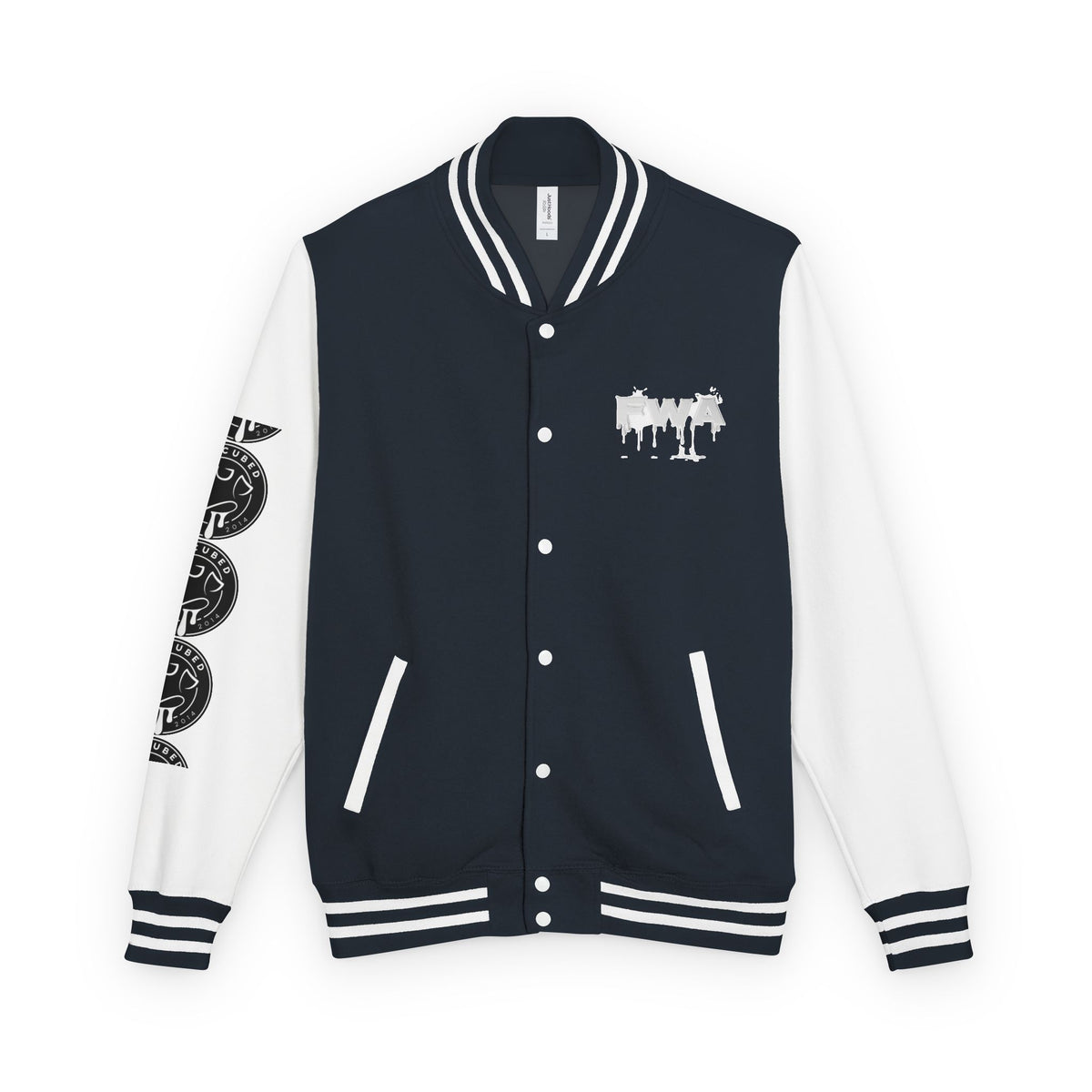 Front view of a black and white Faith In Motion Varsity Jacket with a paint-drip graphic on the chest.