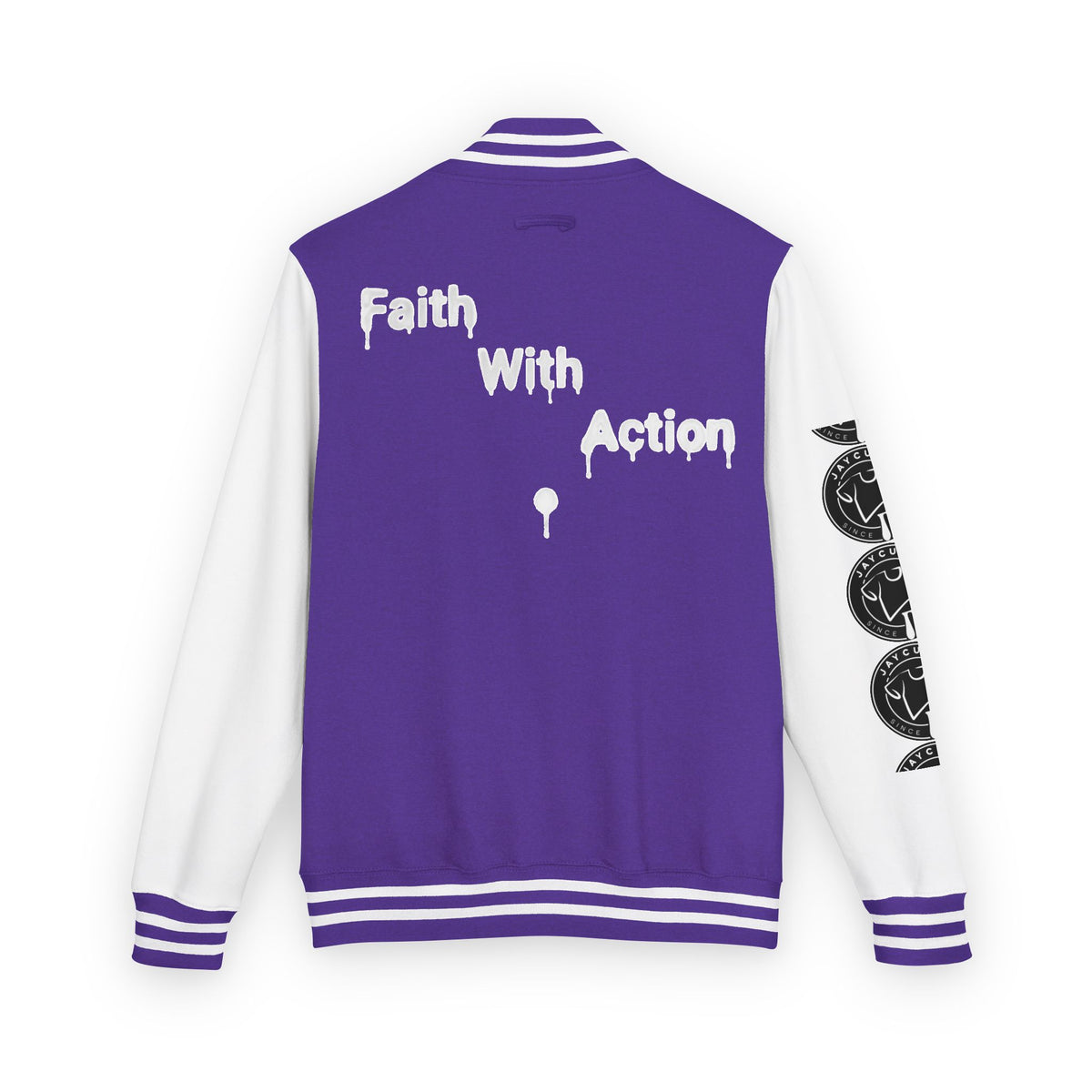 Back view of a purple and white Faith In Motion Varsity Jacket with "Faith With Action" in white paint-drip text.
