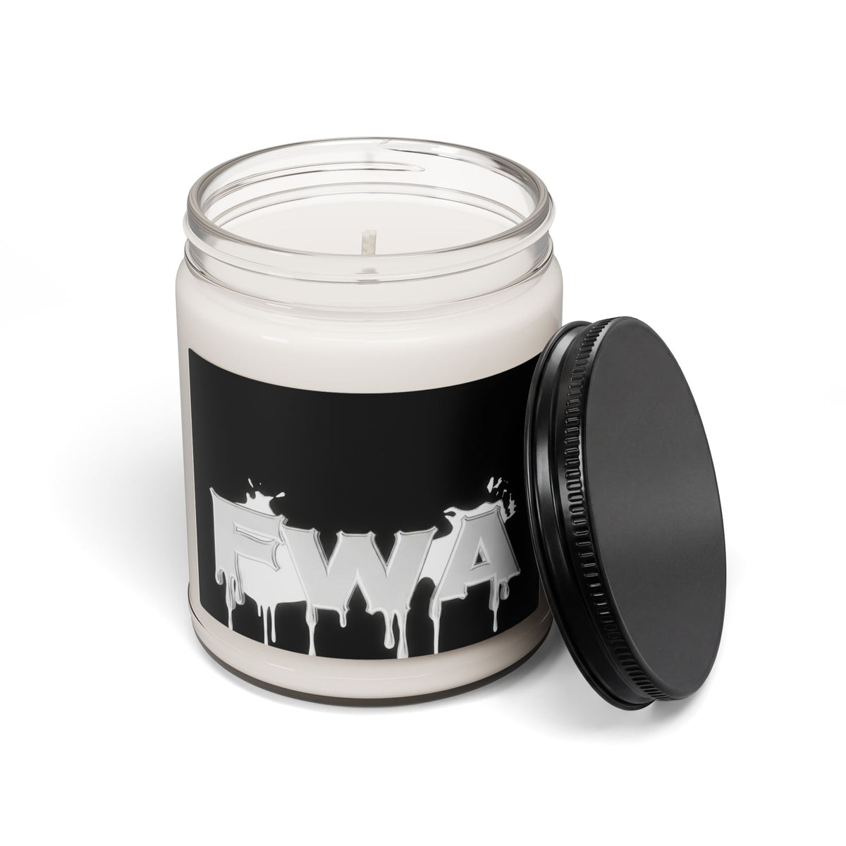 9oz Scented Soy Candle in a clear glass jar with a black label featuring "FWA" in white drip font, lid off to the side.