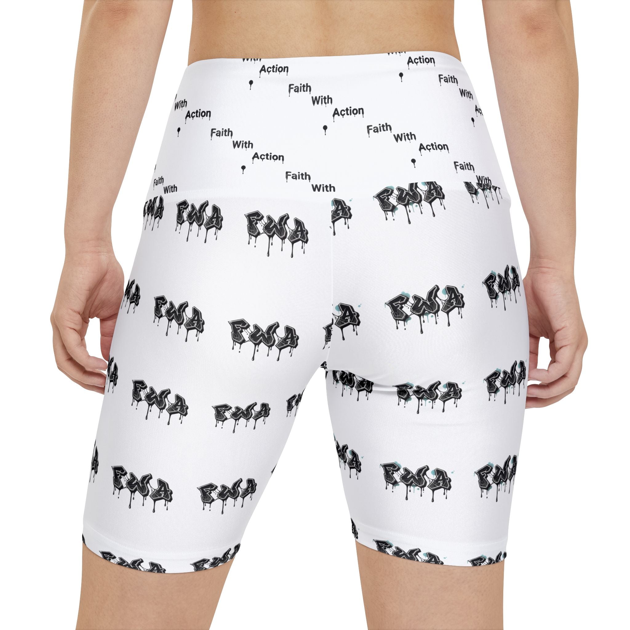 Faith With Action Bike Shorts — Women's High-Waist Workout Shorts with Repeating Script & Silhouette Print