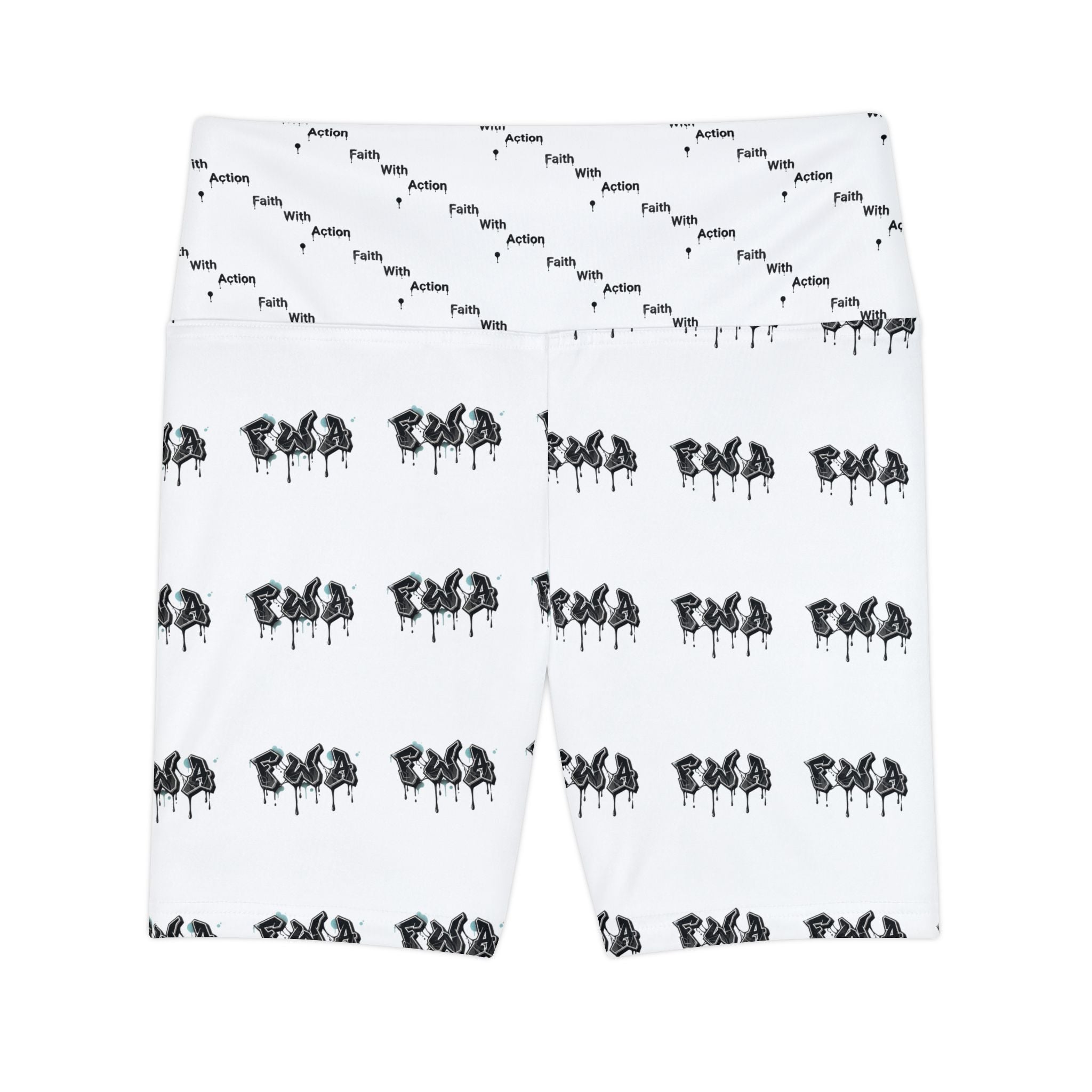 Faith With Action Bike Shorts — Women's High-Waist Workout Shorts with Repeating Script & Silhouette Print