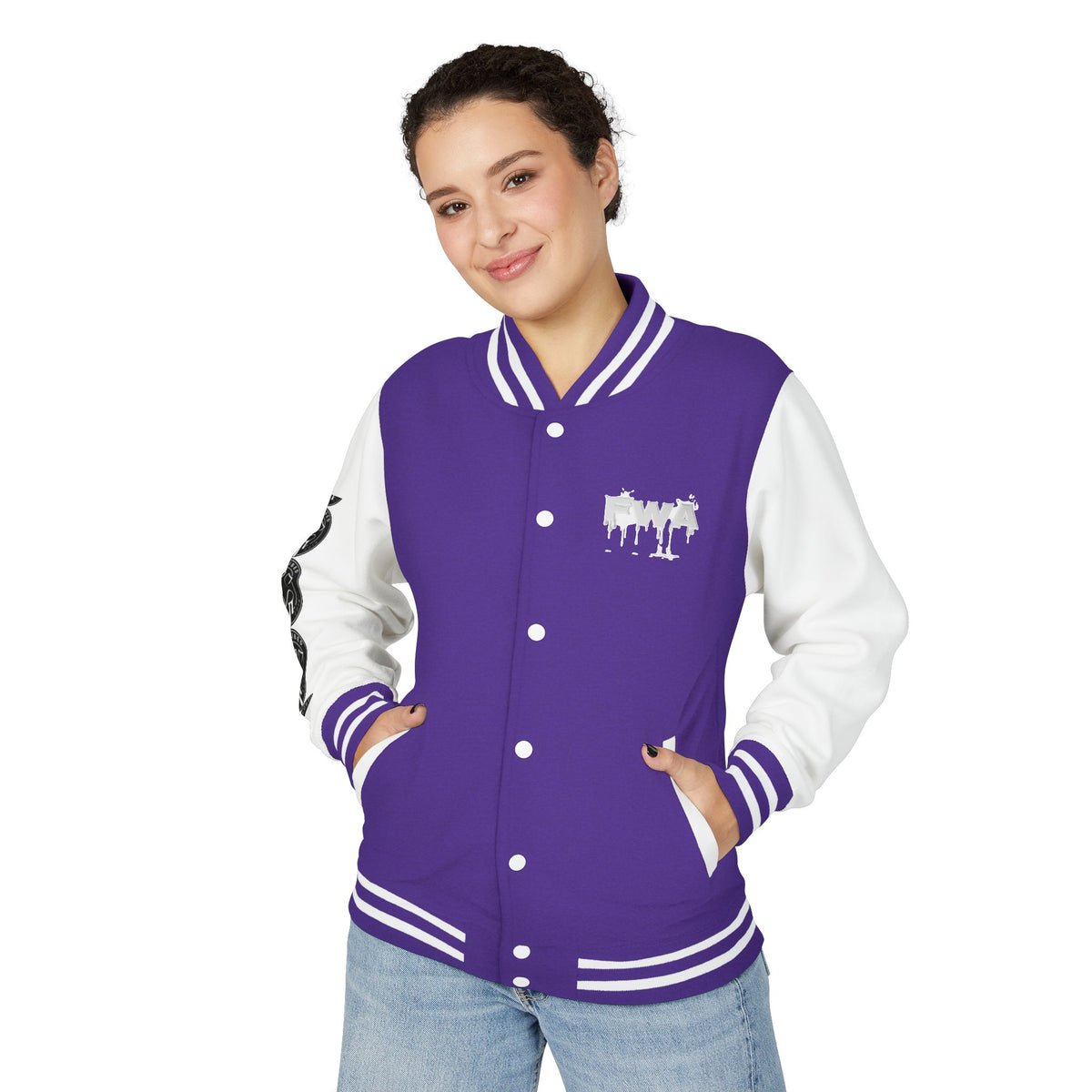 Printify Faith In Motion Varsity Jacket, front view. Purple body, white sleeves, white buttons, and white striped cuffs and hem. Silver paint-drip graphic on chest.