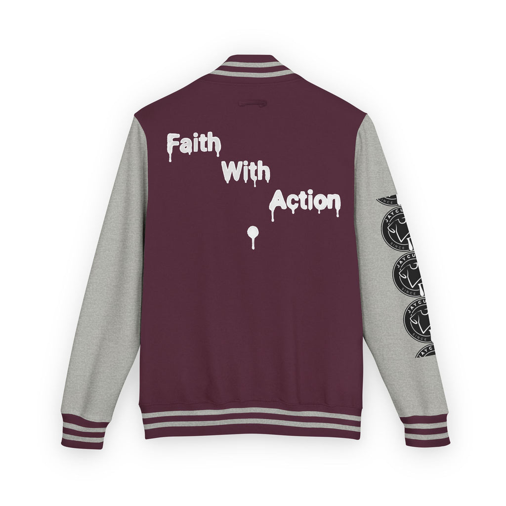 Back view of the Faith In Motion Varsity Jacket. Maroon body, gray sleeves, and striped cuffs. White paint-drip text reads "Faith With Action" on the back. Coin-like motifs run down one sleeve.