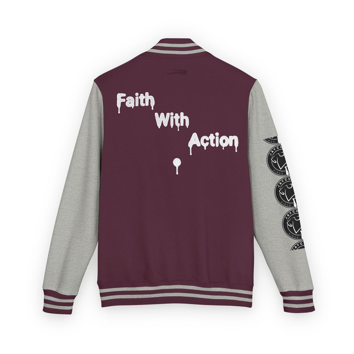 Back view of the Faith In Motion Varsity Jacket. Maroon body, gray sleeves, and striped cuffs. White paint-drip text reads "Faith With Action" on the back. Coin-like motifs run down one sleeve.