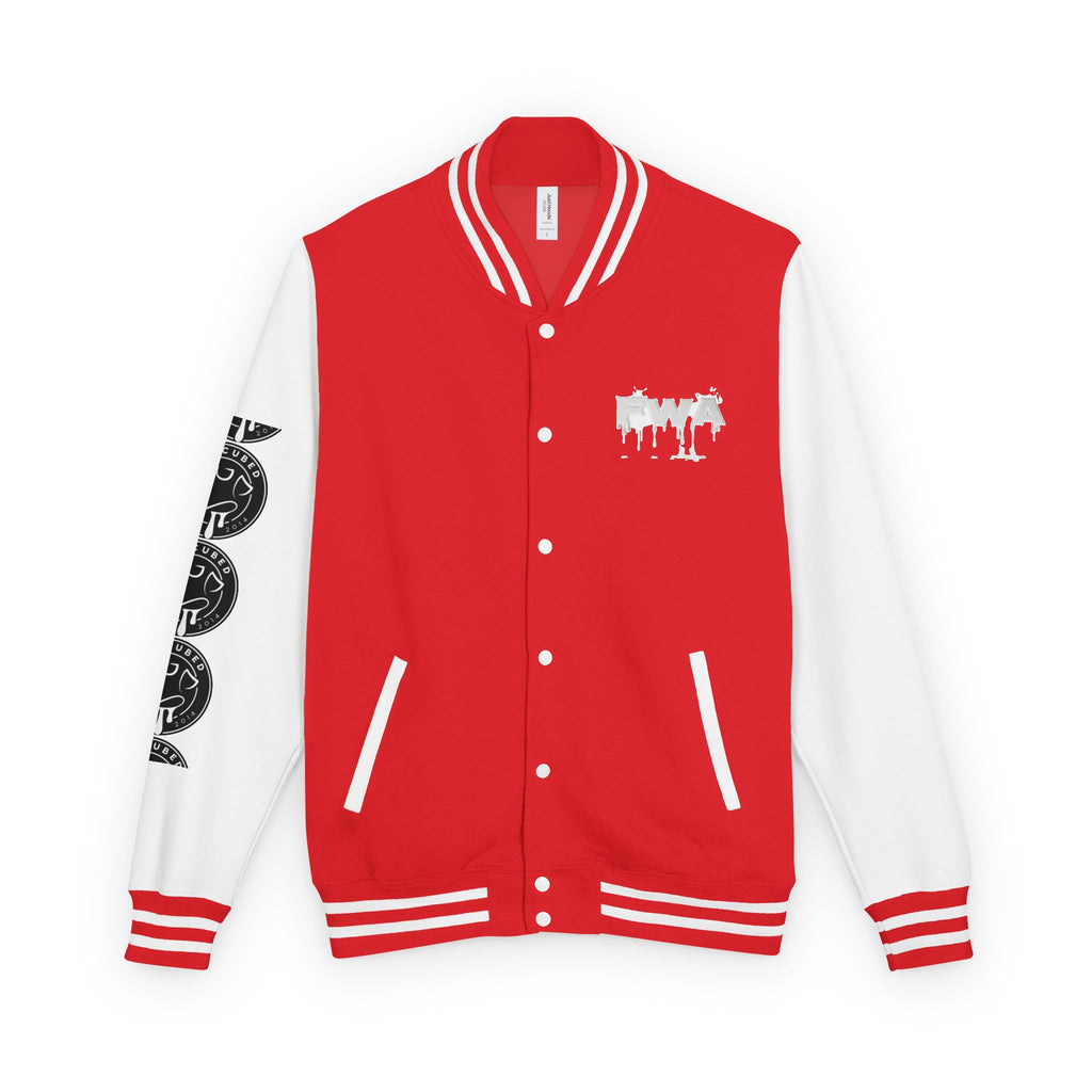 Front view of a red and white Faith In Motion Varsity Jacket with a paint-drip graphic on the chest.