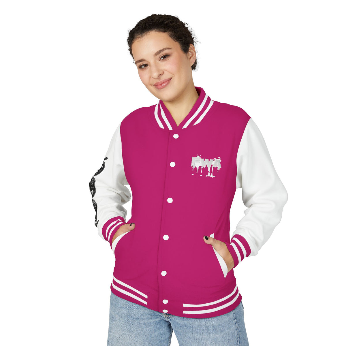 Front view of a woman wearing a Faith In Motion Varsity Jacket in magenta with white sleeves and a paint-drip graphic.
