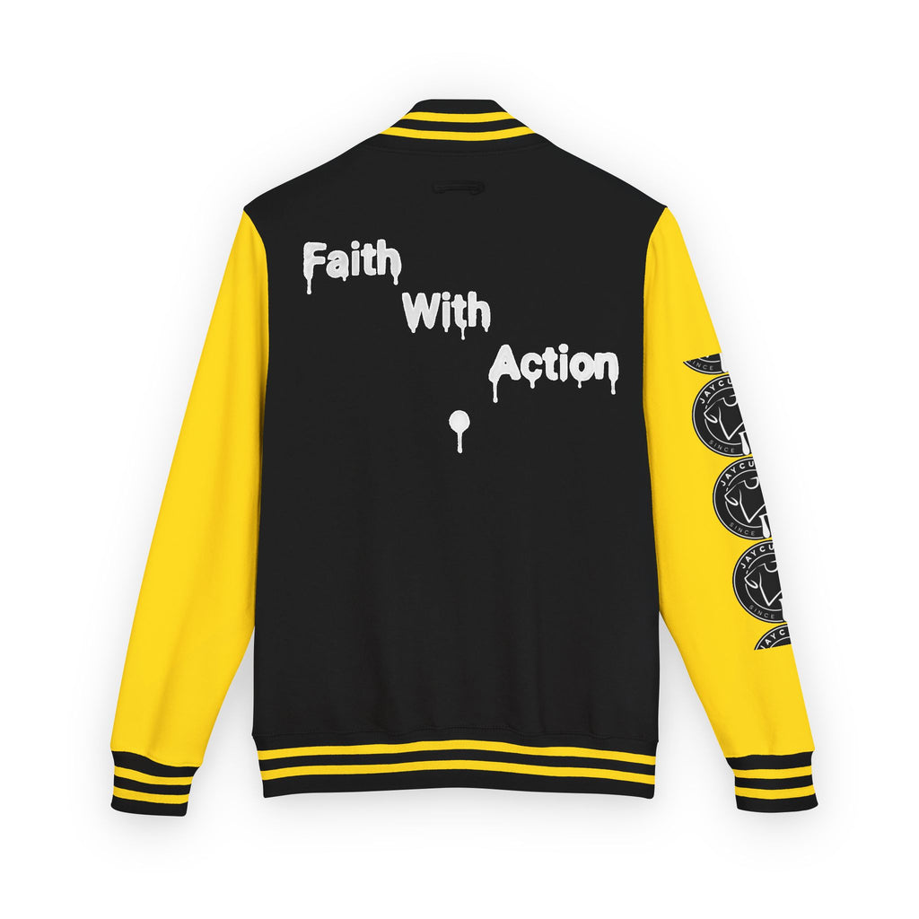 Back of Faith In Motion Varsity Jacket with yellow sleeves, black body, and "Faith With Action" text.