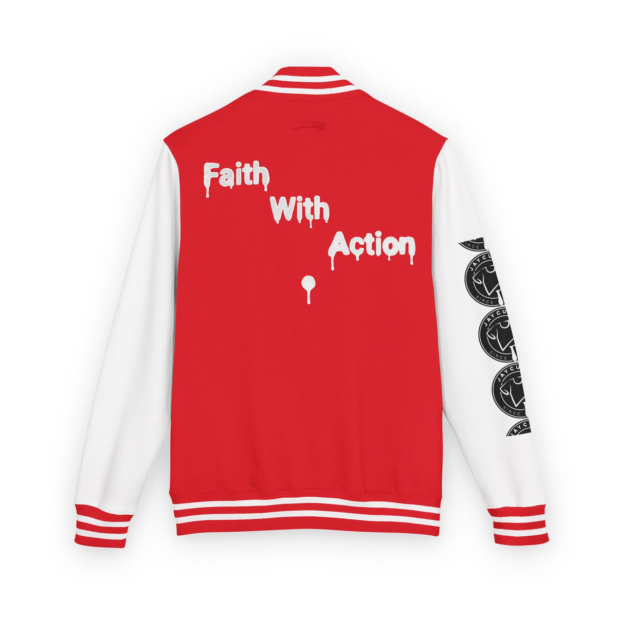Back view of a red and white varsity jacket with "Faith With Action" in white dripping text.