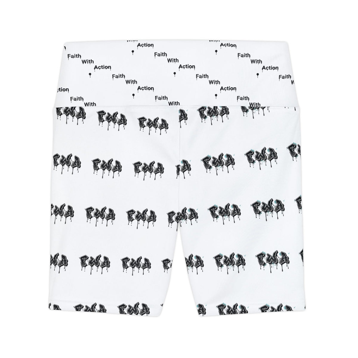 Faith With Action Bike Shorts — Women's High-Waist Workout Shorts with Repeating Script & Silhouette Print
