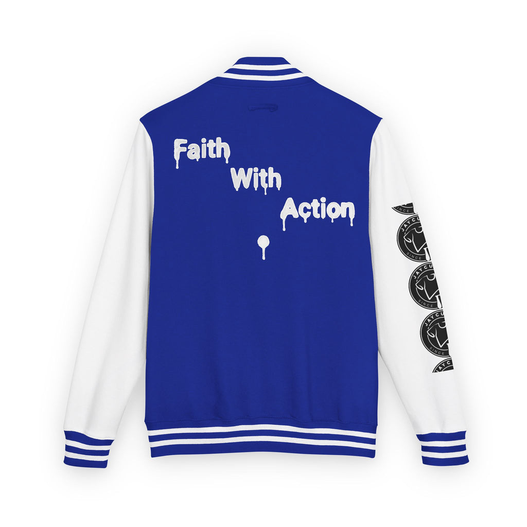 Back of a blue and white varsity jacket with "Faith With Action" in white paint-drip text and round black logos on the sleeve.
