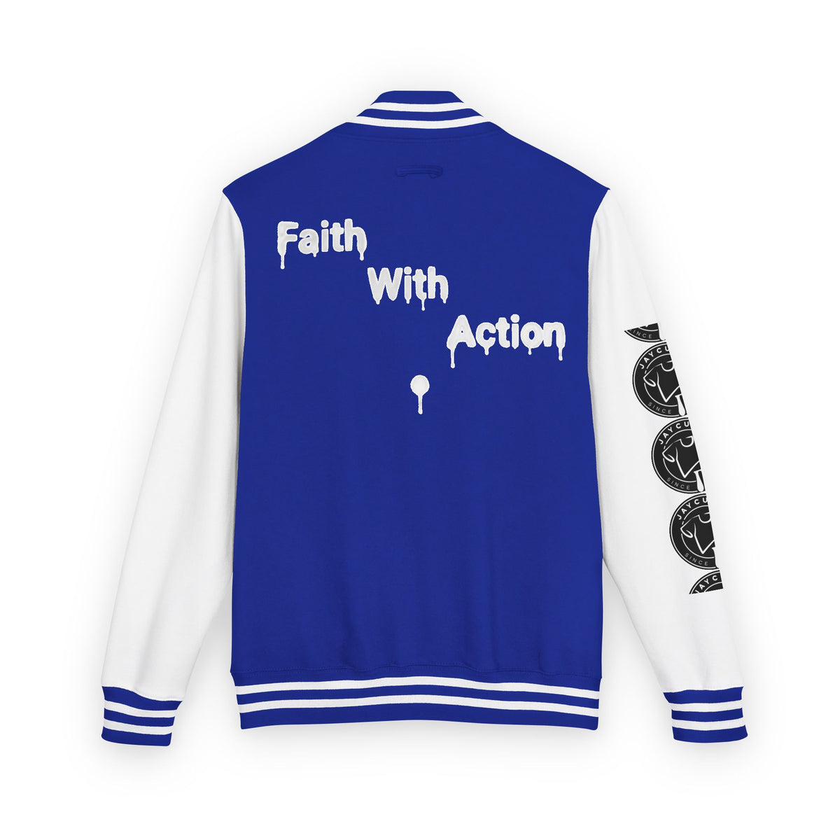 Back of a blue and white varsity jacket with "Faith With Action" in white paint-drip text and round black logos on the sleeve.