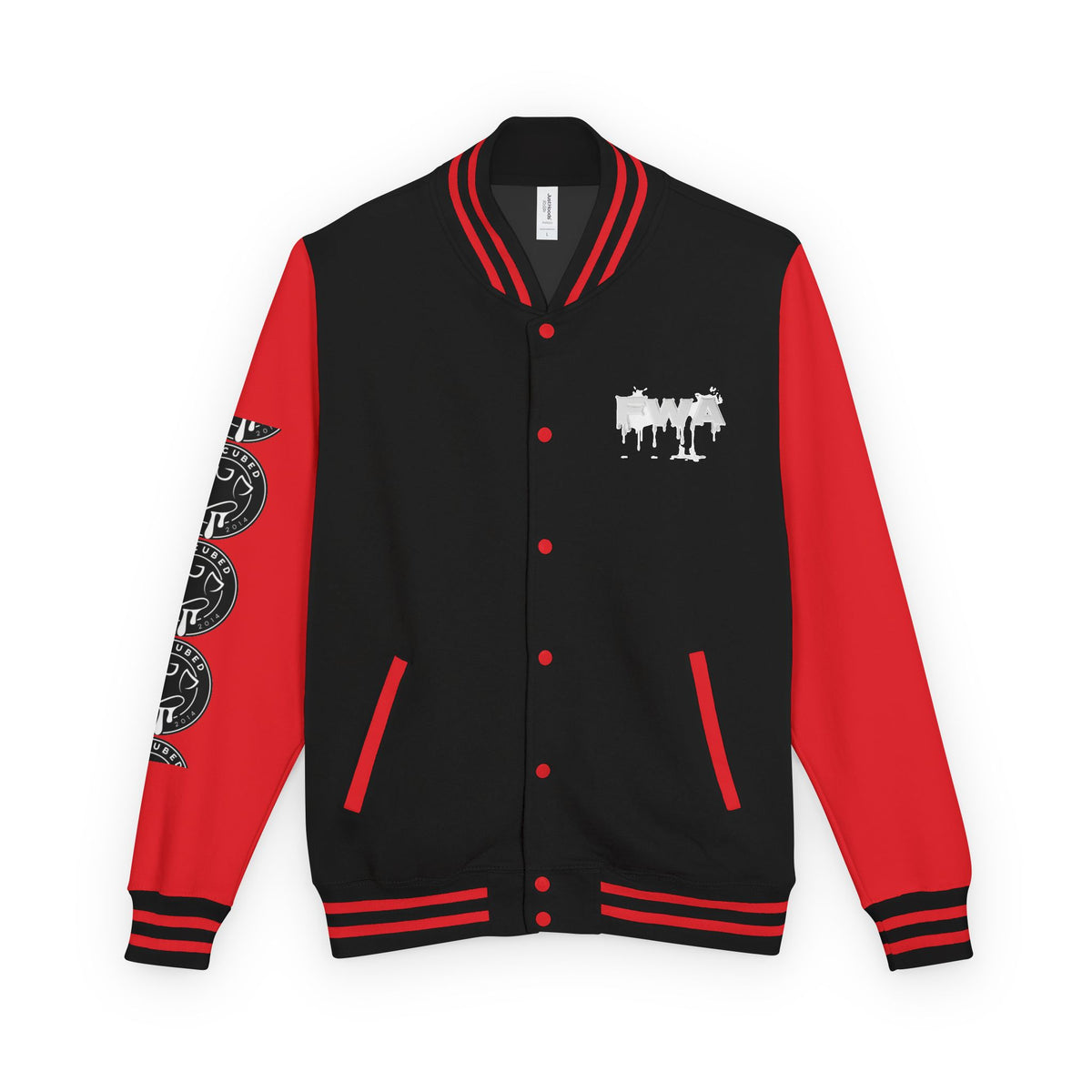 Front view of a black and red Faith In Motion Varsity Jacket with a white paint-drip graphic on the chest.