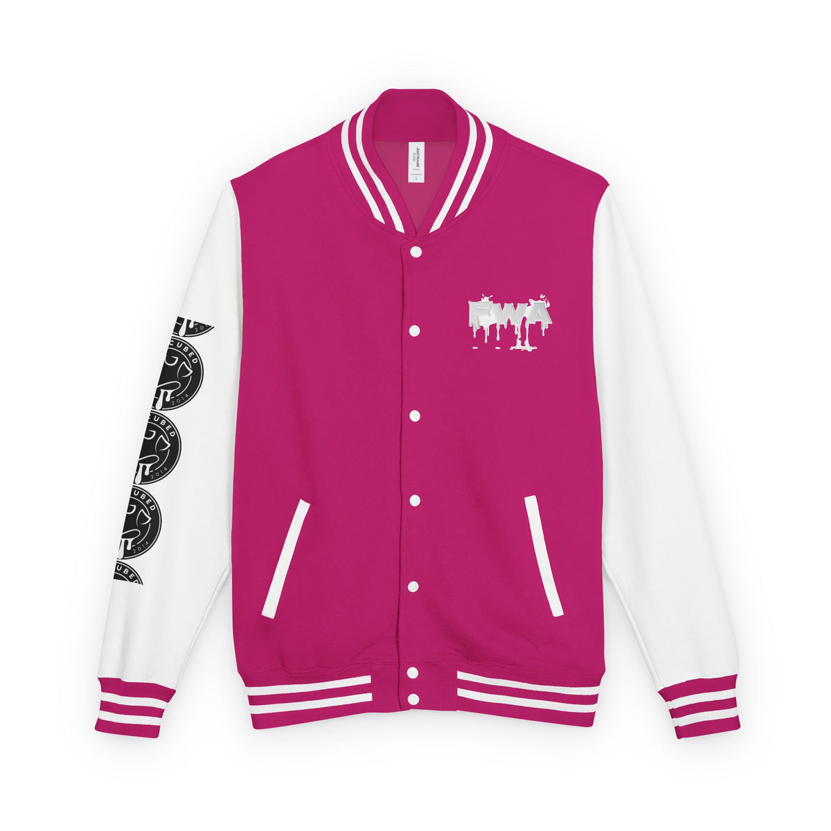 Front view of a pink and white Faith In Motion Varsity Jacket with a white paint-drip graphic on the chest.