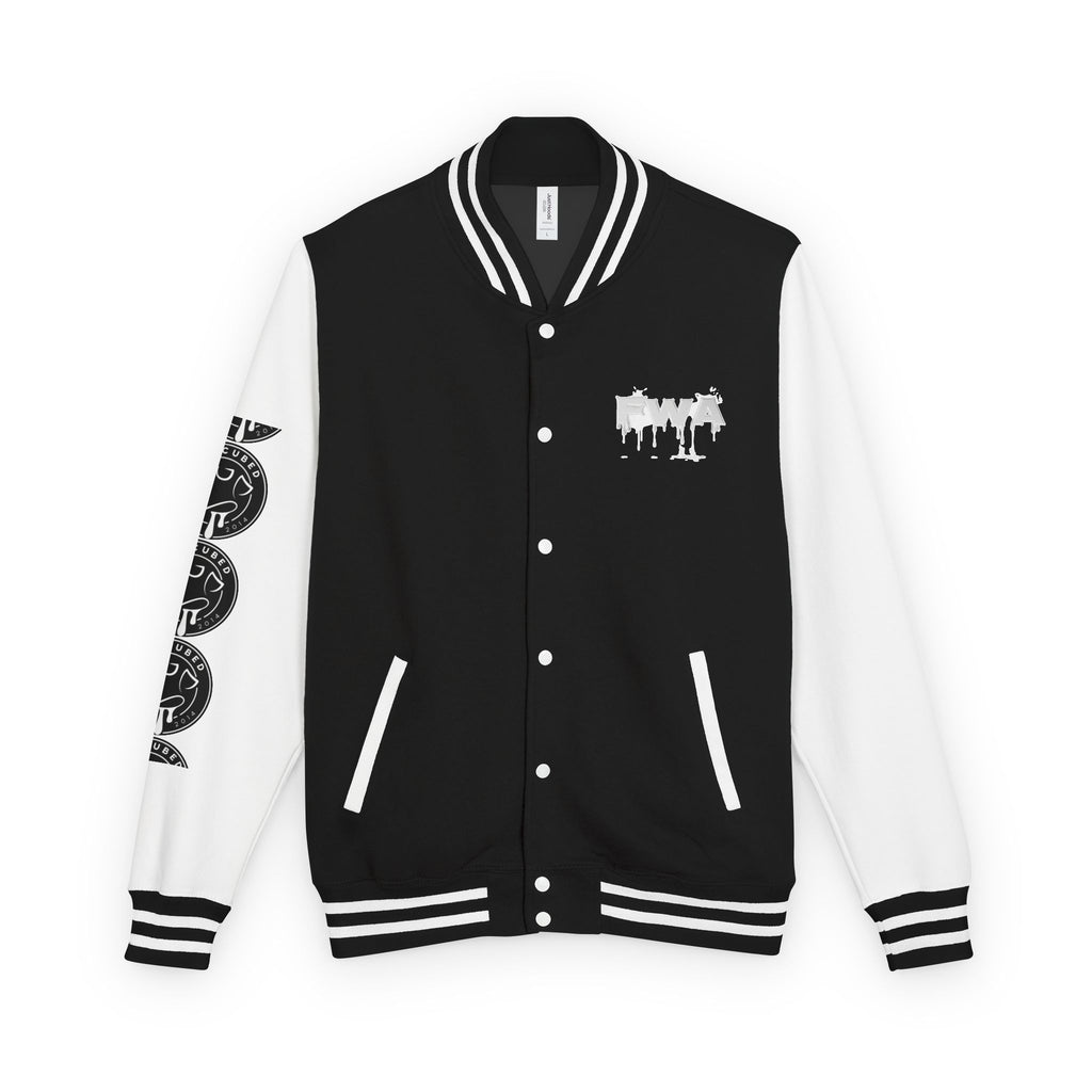 Front view of a black and white Faith In Motion Varsity Jacket with a paint-drip graphic on the chest.