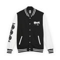 Front view of a black and white Faith In Motion Varsity Jacket with a paint-drip graphic on the chest.