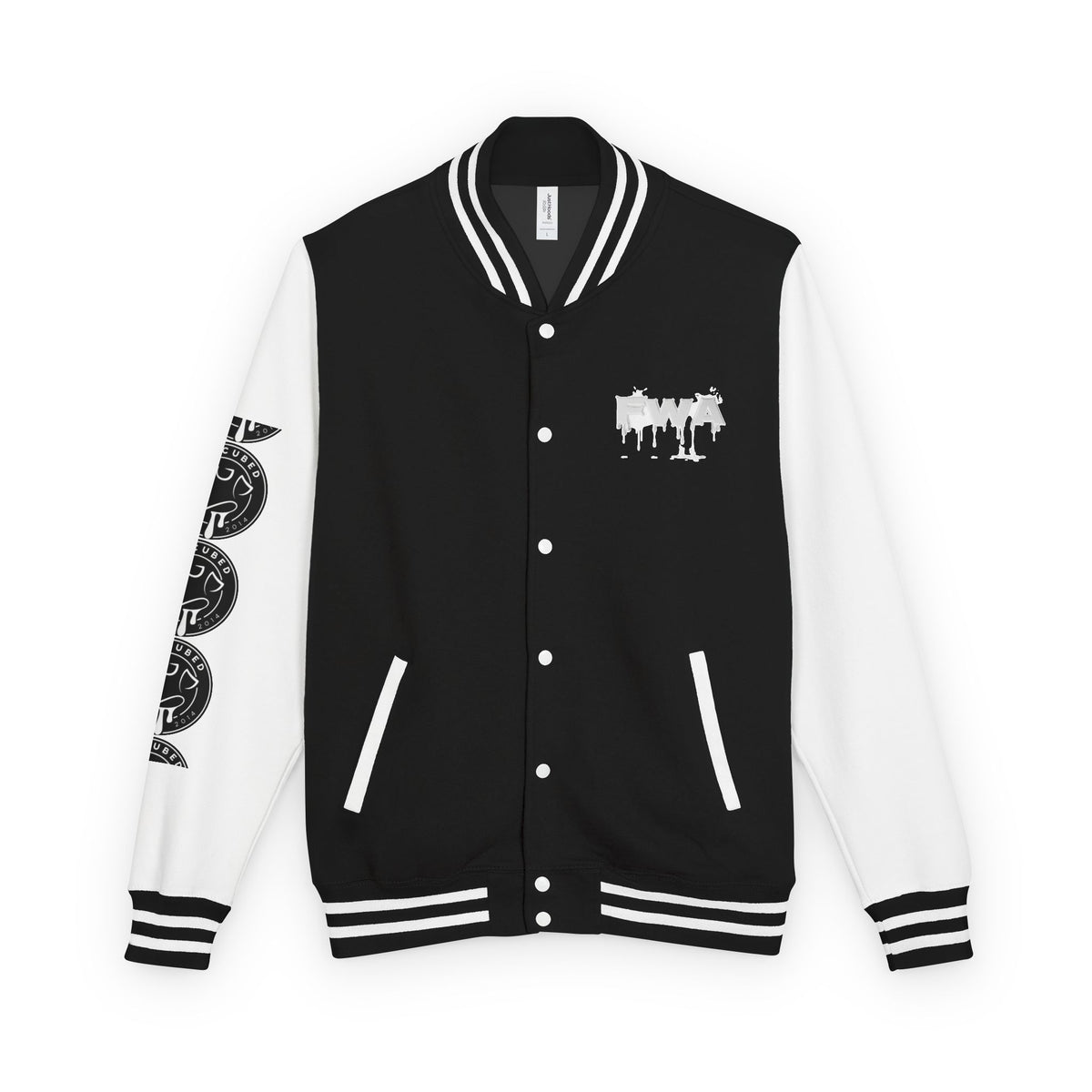 Front view of a black and white Faith In Motion Varsity Jacket with a paint-drip graphic on the chest.