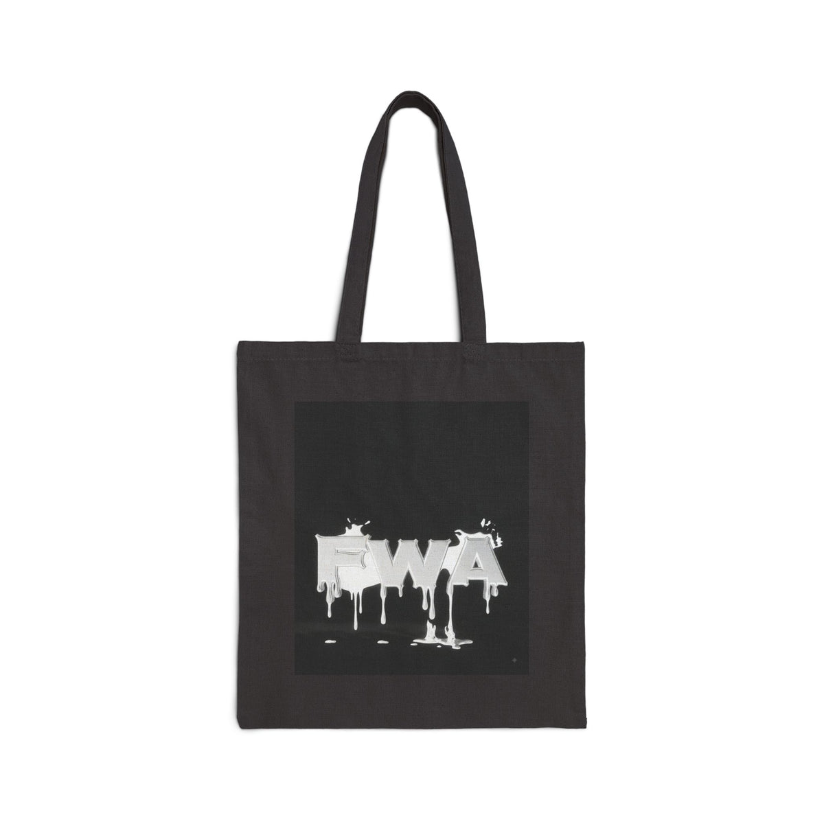 Front view of a black canvas tote bag with a white dripping paint design that spells 'EWA'.