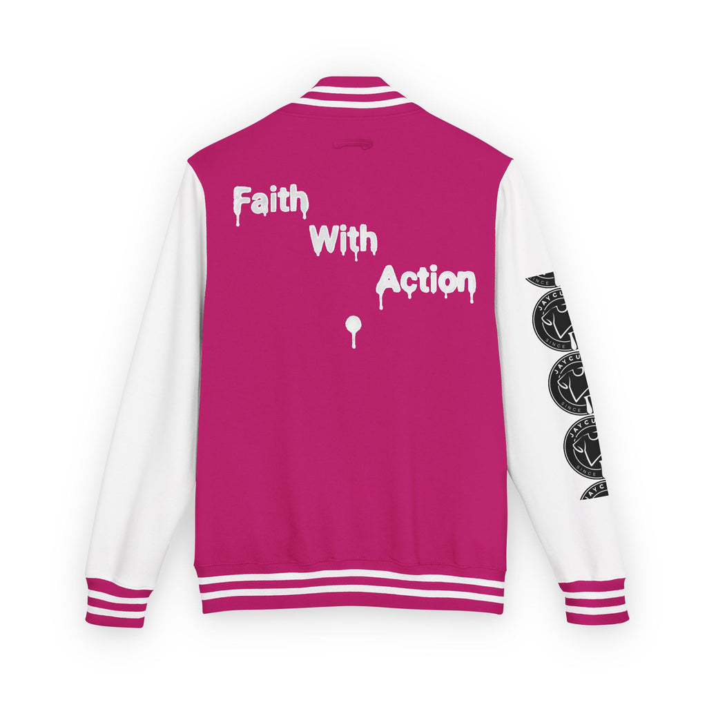Back of a pink and white Faith In Motion Varsity Jacket with "Faith With Action" in white paint-drip text.