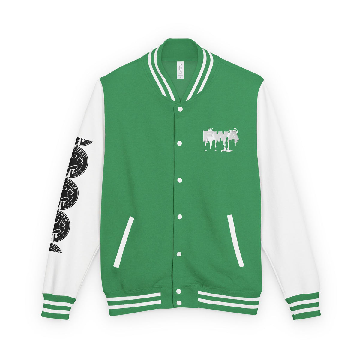 Front view of a green and white Faith In Motion Varsity Jacket with "FWA" graphic on chest and coin motifs on sleeve.